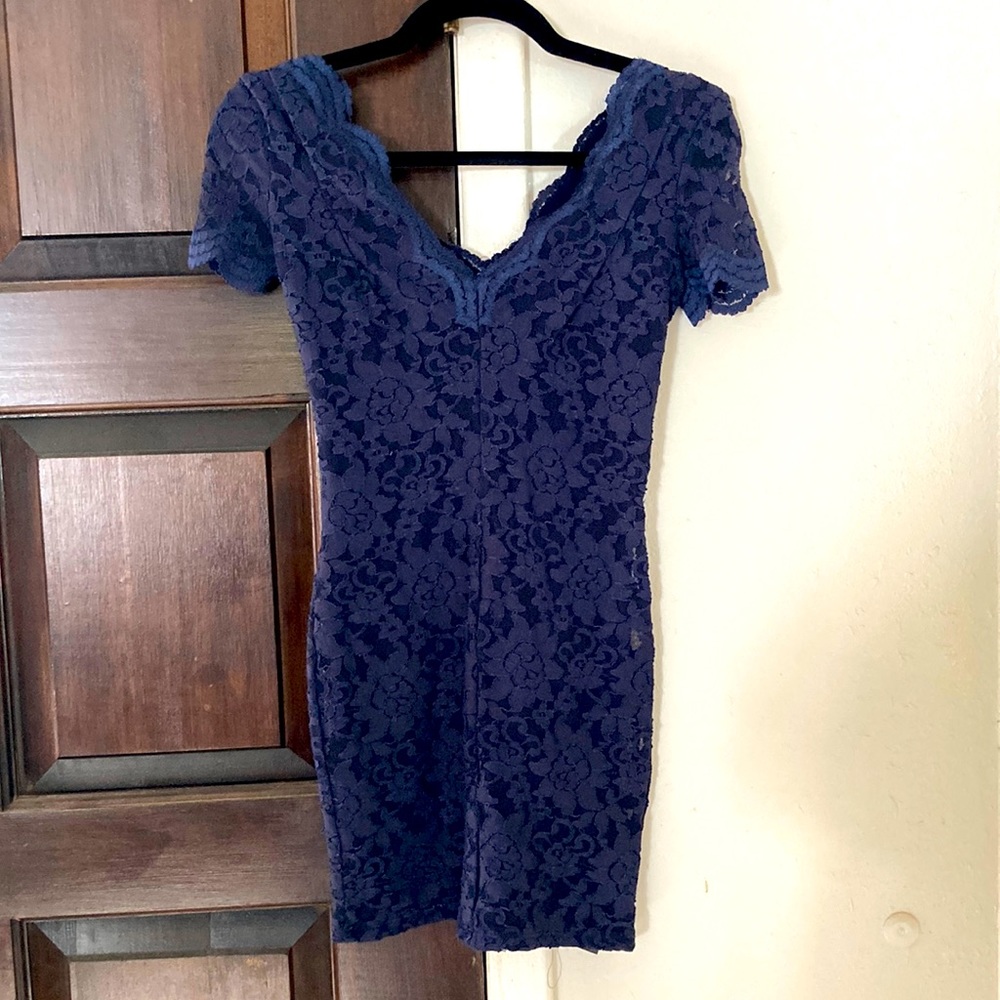 Navy blue lace cocktail dress.